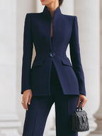 Women's Tailored Blazer and Trouser Suit with Stand Collar and Flared Leg - 6