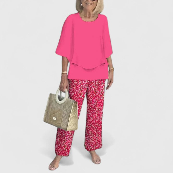 Women's Two-Piece Set Cape-Sleeve Top with Printed Wide-Leg Trousers - 12