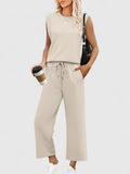 Women's Two-Piece Set Round Neck Cap Sleeve Top with Wide-Leg Trousers - Beige