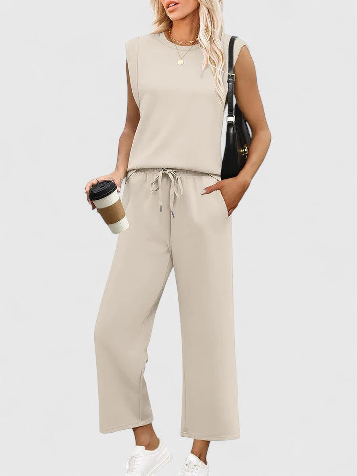 Women's Two-Piece Set Round Neck Cap Sleeve Top with Wide-Leg Trousers - Beige