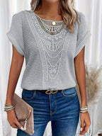 Women Waffle-Knit Top with Crochet Lace Trim and Round Neckline - 7