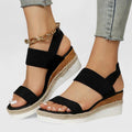 Women's Wedge Sandals with Elastic Straps and Espadrille Sole - Black