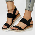 Women's Wedge Sandals with Elastic Straps and Espadrille Sole - Black
