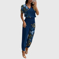 Women's Blouse and Trousers Set with V-Neck and Tapered Leg - Blue