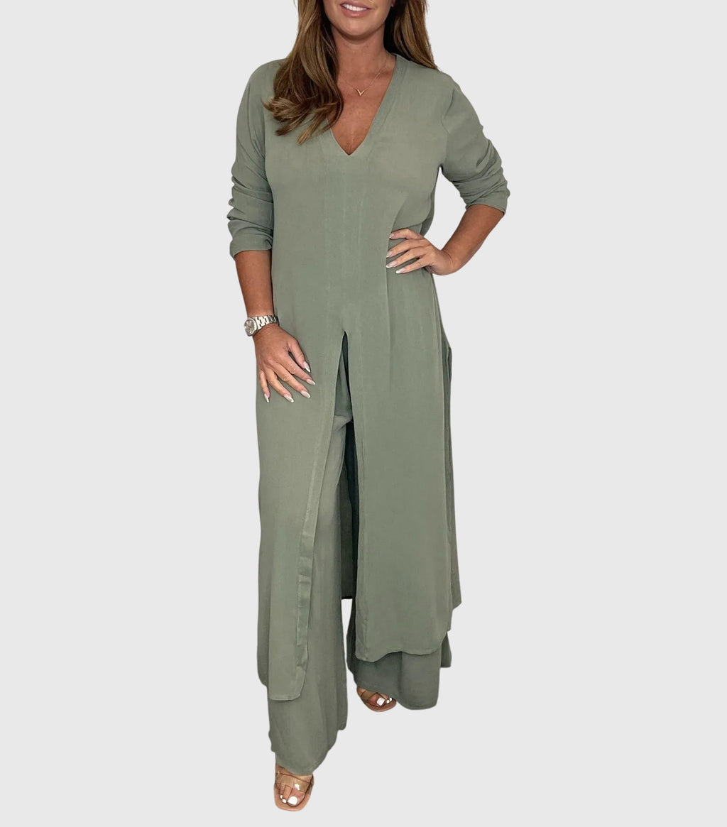 Women's Two-Piece Set with Long Blouse and Wide-Leg Trousers