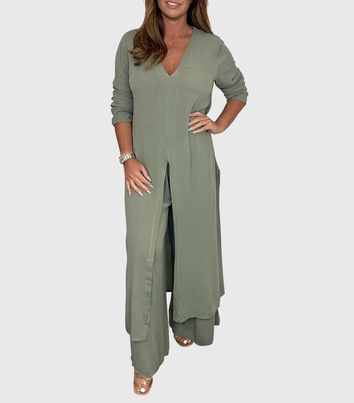 Women's Two-Piece Set with Long Blouse and Wide-Leg Trousers