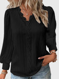Women's Blouse Long Sleeve with Lace Trim V-Neck - Black