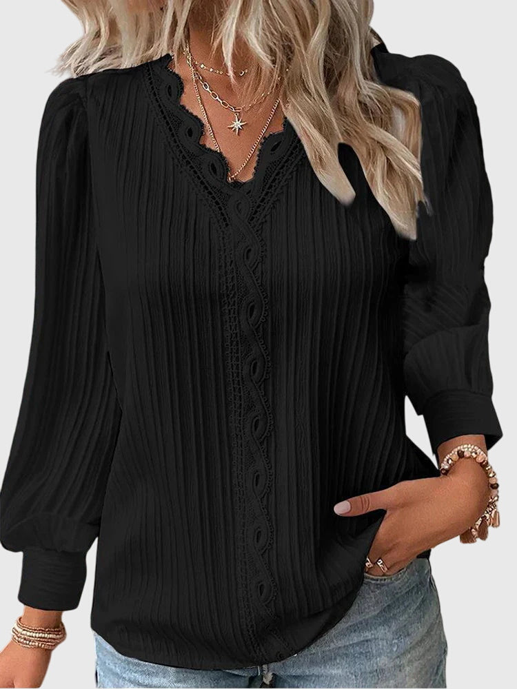Women's Blouse Long Sleeve with Lace Trim V-Neck - Black