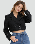 Women's Cropped Trench Coat with Belted Waist and Double-Breasted Front - Black