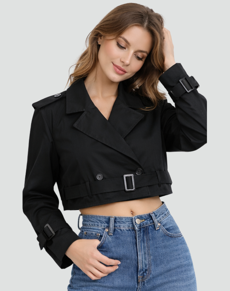 Women's Cropped Trench Coat with Belted Waist and Double-Breasted Front - Black