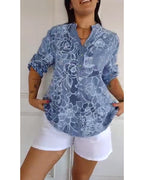 Women's Floral Print Blouse with Roll-Up Sleeves and V-Neck - 7