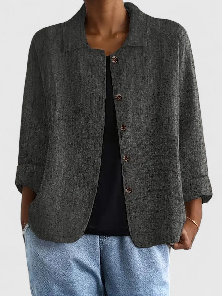 Women's Button-Up Top with Collar and Long Sleeves - Dark Grey
