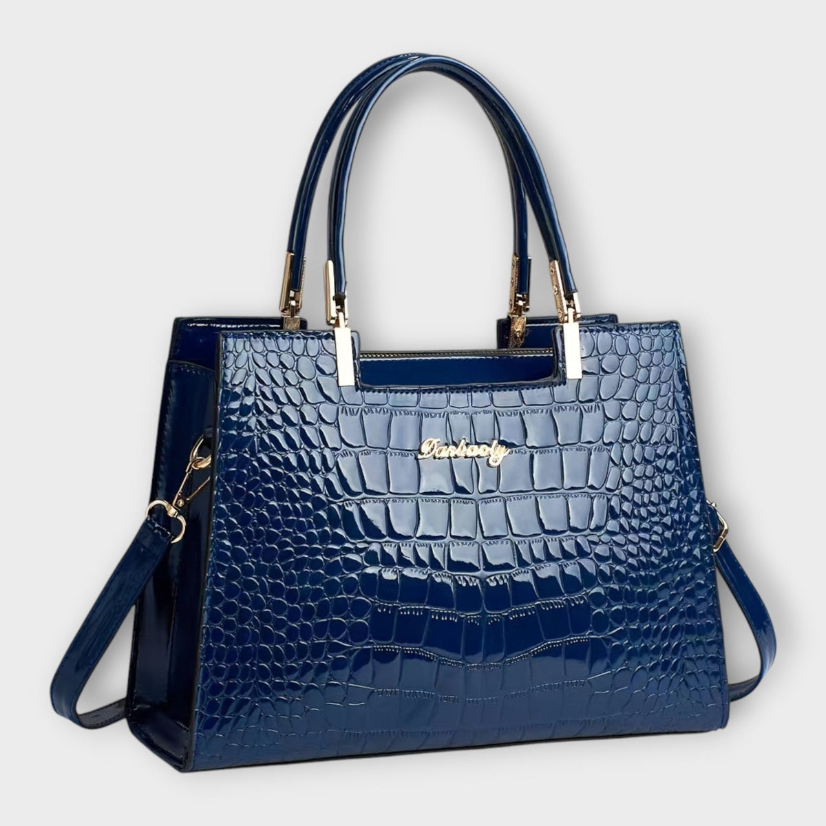 Women's Structured Handbag with Croc-Effect Panelling - Blue