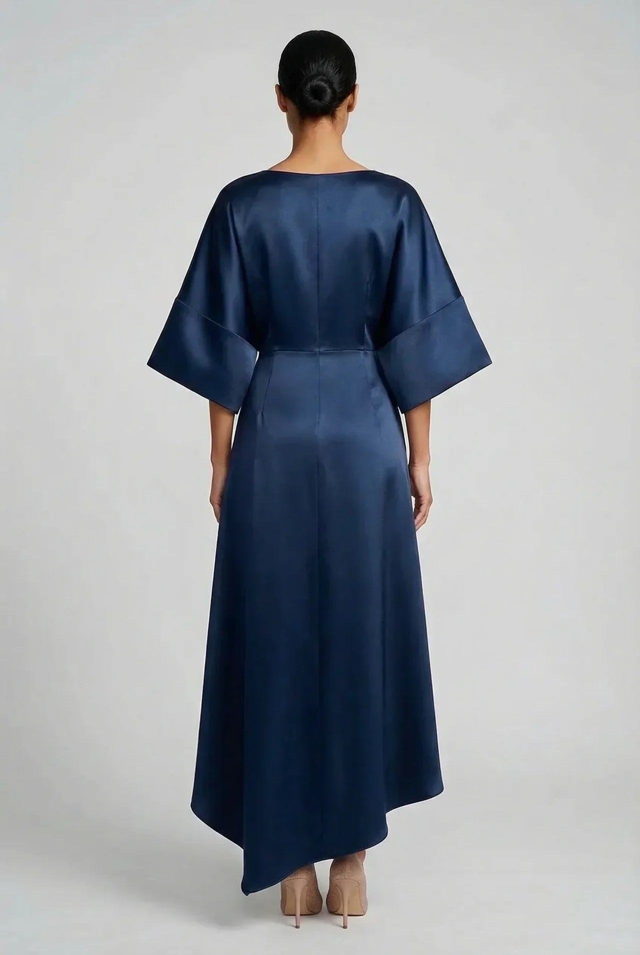 Women's Batwing Midi Dress with Jewel Neckline and Draped Waist - 4