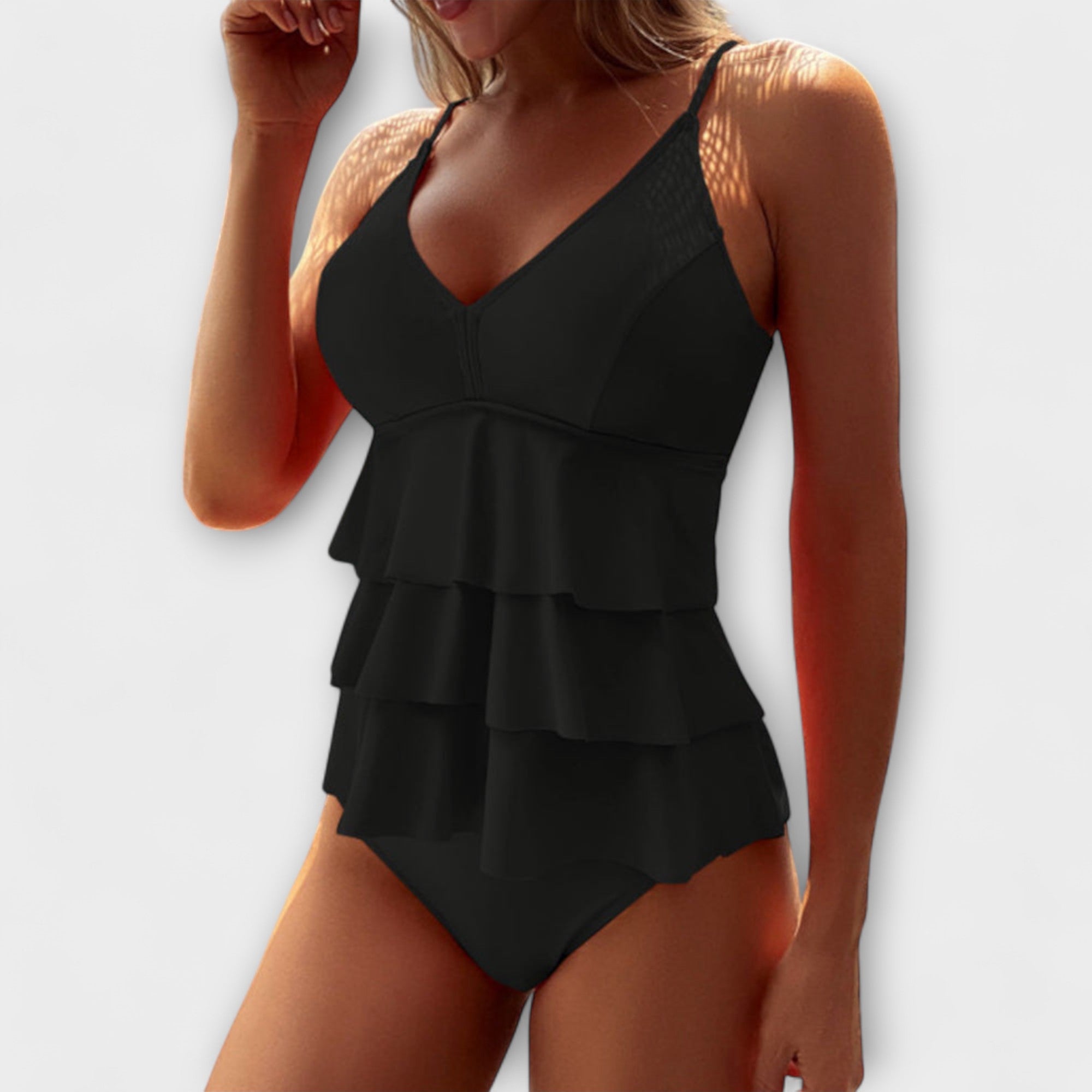 Women's Tankini Swimsuit V-Neck with Tiered Ruffles - Black