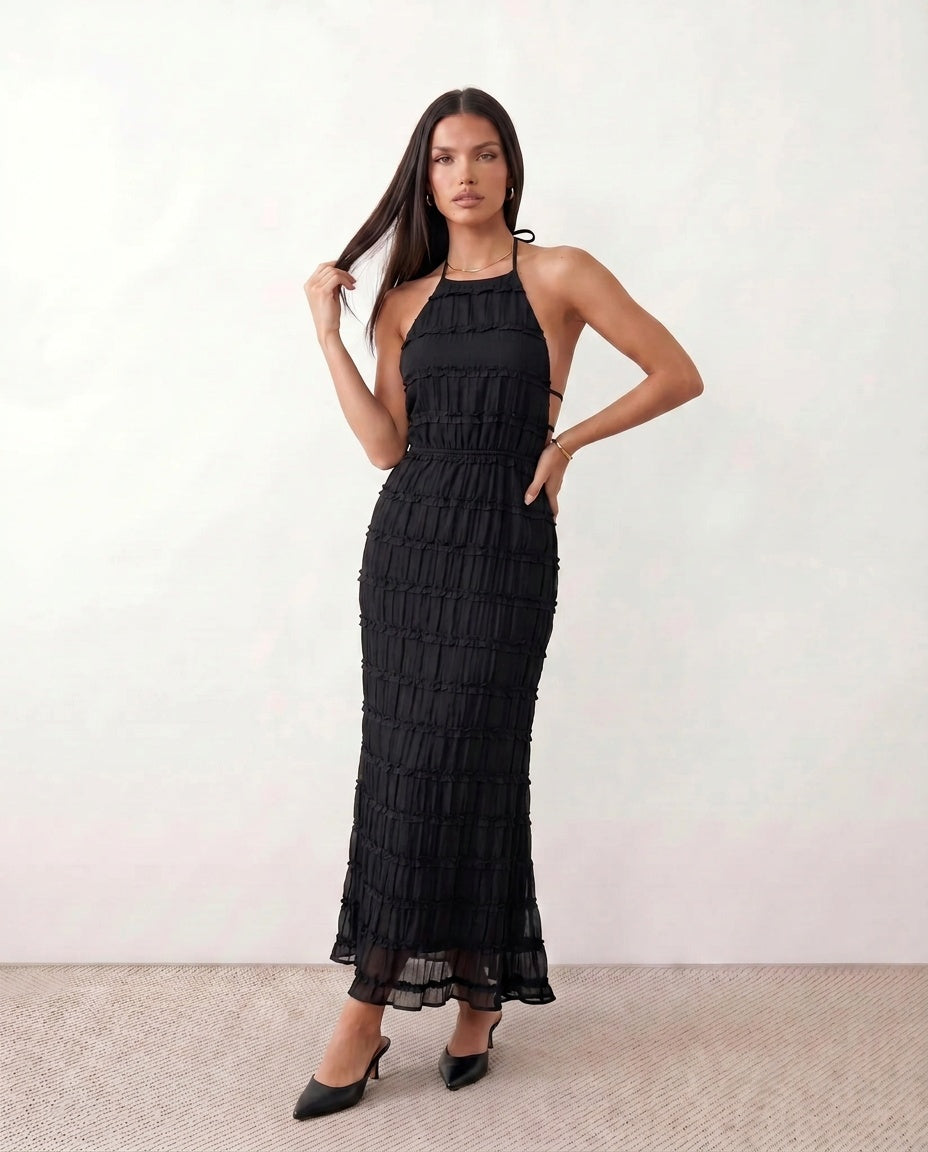 Women's Halter Maxi Dress with Pleated Detail and A-Line Silhouette - 10