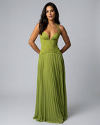 Women's Sweetheart Maxi Dress with Lace Bodice and Pleated Skirt - 6