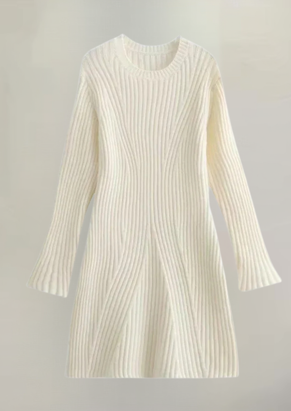 Women's Ribbed Mini Dress with Long Sleeves - Cream