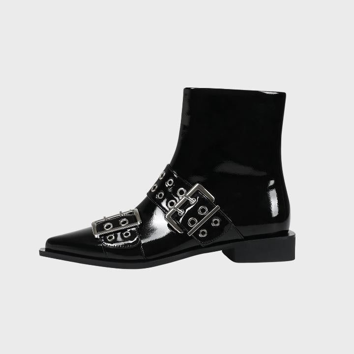 Women's Chunky Mid-Heel Zipper Biker Boots with Buckle Detail - 7