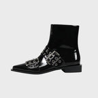 Women's Chunky Mid-Heel Zipper Biker Boots with Buckle Detail - 7