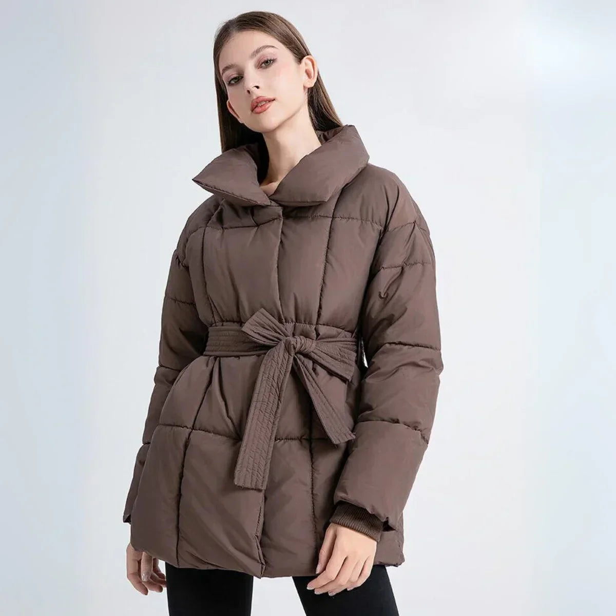 Women's Padded Coat with Belted Waist and Wide Collar - Brown