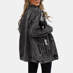 Women's Distressed Oversized Snap Button Denim Jacket - 9