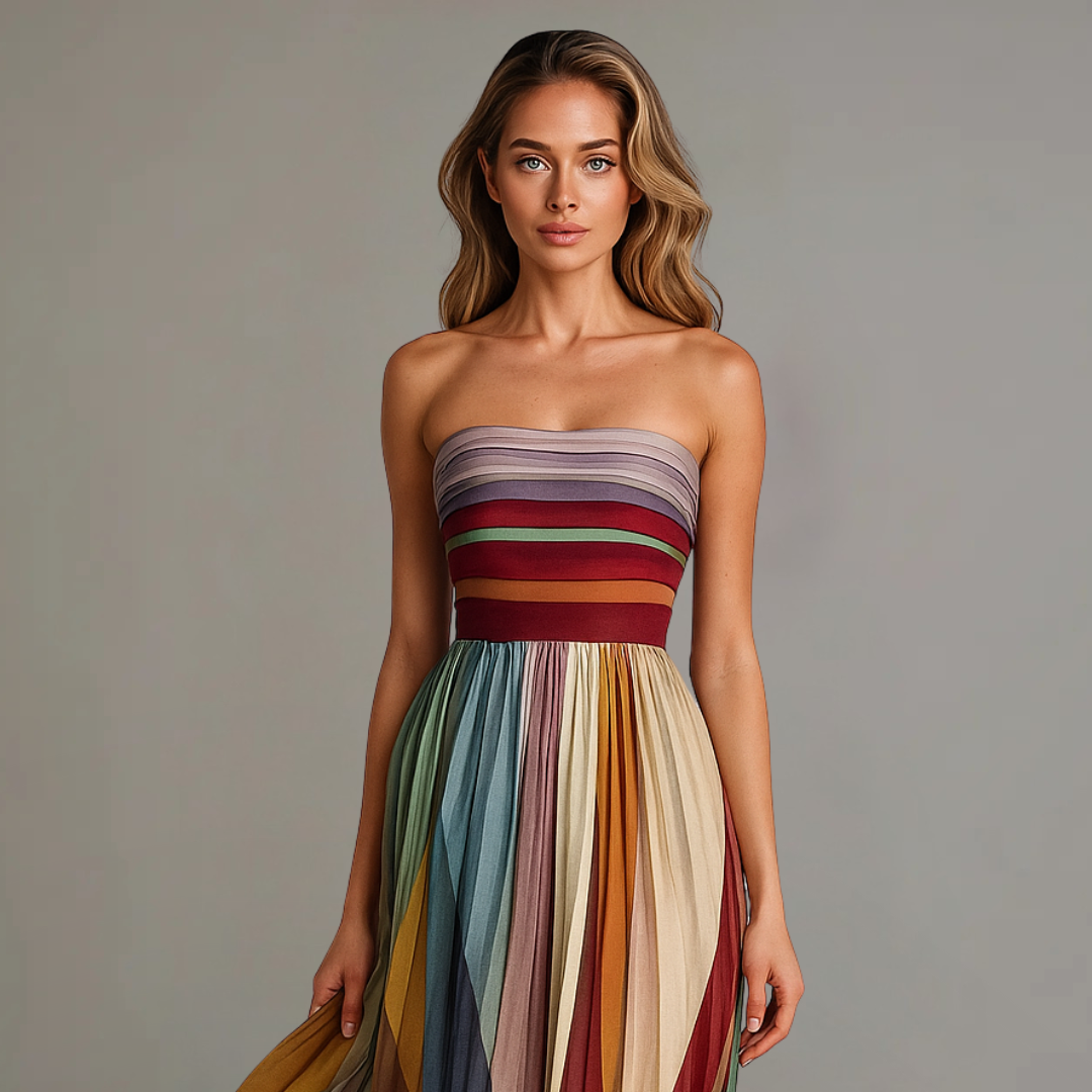Women's Strapless Maxi Dress with Pleated Striped Design - 3