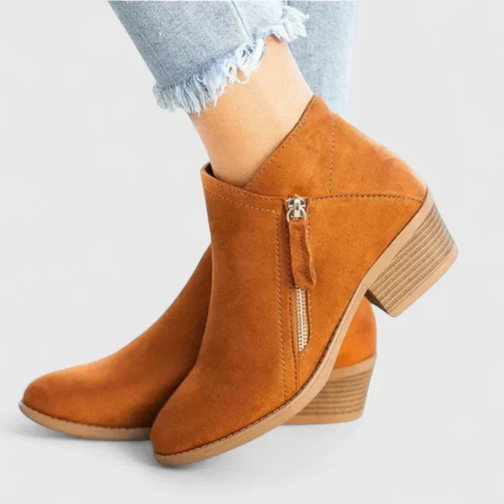 Women's Ankle Boots with Side Zip and Block Heel - Brown