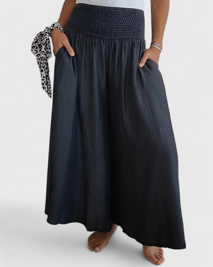 Women's Wide-Leg Trousers with Smocked Waistband - Grey