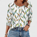 Women's Top with Smocked Cuffs and Round Neck - Colourful Leaves