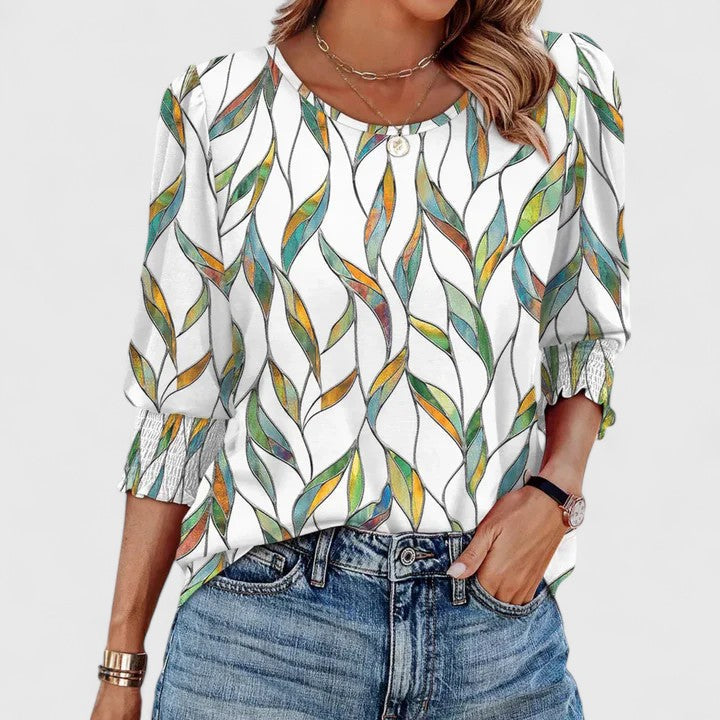 Women's Top with Smocked Cuffs and Round Neck - Colourful Leaves