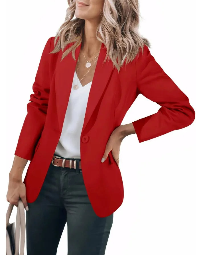 Women's Single-Breasted Blazer with Notched Lapel - Red