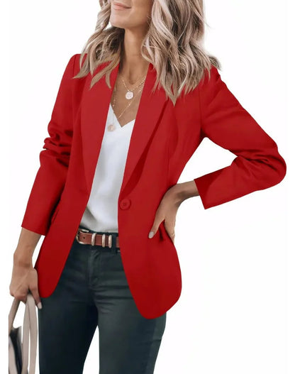 Women's Single-Breasted Blazer with Notched Lapel - Red