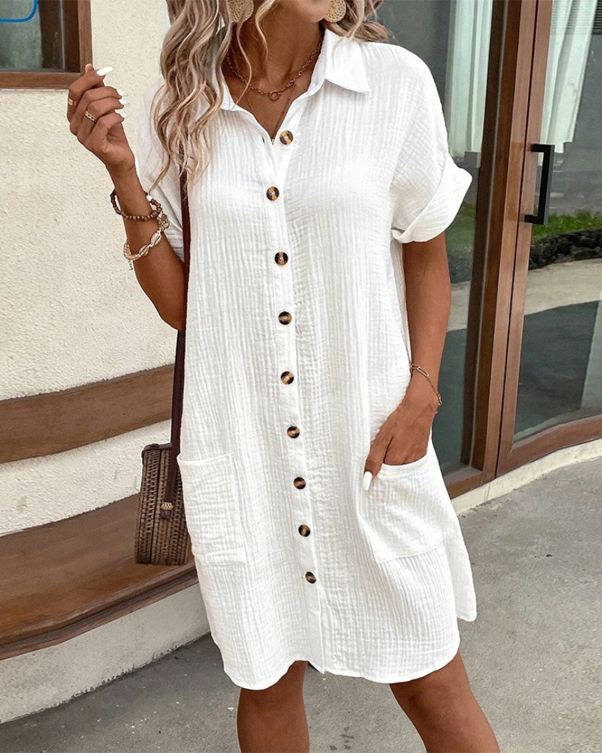 Women's Shirt Dress Button-Up with Collar and Side Pockets - 2