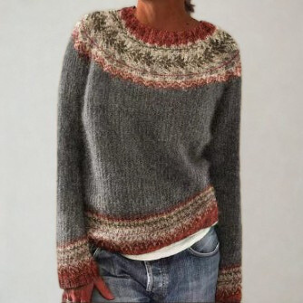 Women's Jumper Long Sleeve with Fair Isle Pattern and Round Neck - Grey