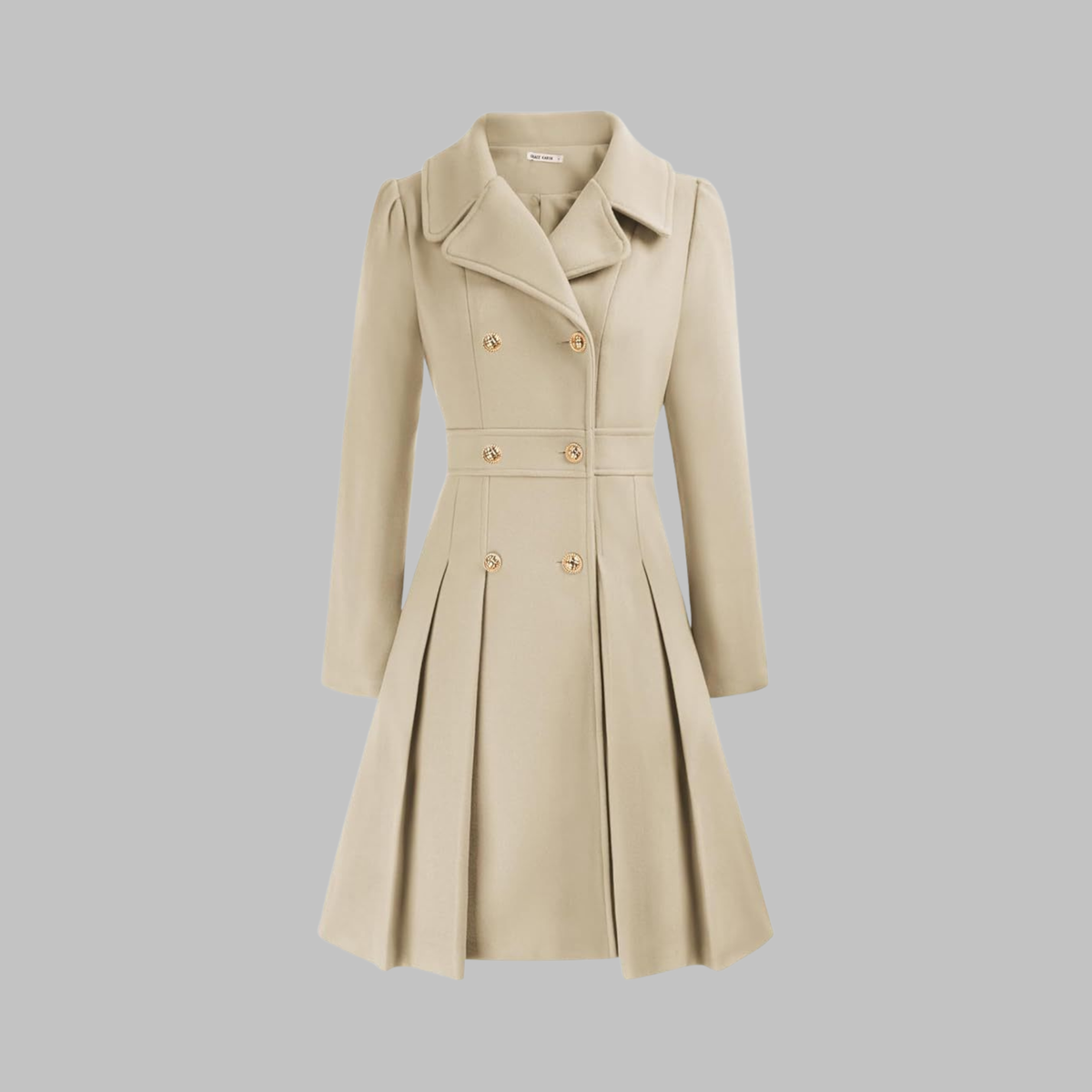 Women's Double-Breasted Long Sleeve Coat with Pleated Skirt - Beige