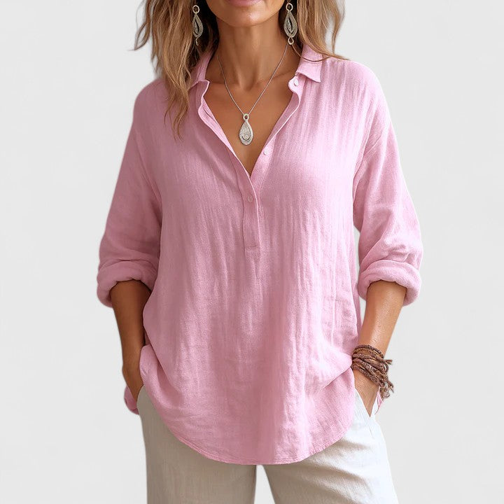 Women's Blouse Long Sleeve with Collar and V-Neck Button Placket - Pink
