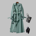 Women's Knee-Length Loose Fit Coat with Belt and Wide Lapel - Green