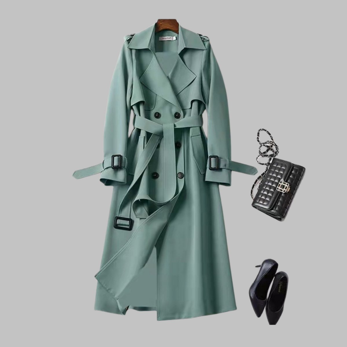 Women's Knee-Length Loose Fit Coat with Belt and Wide Lapel - Green