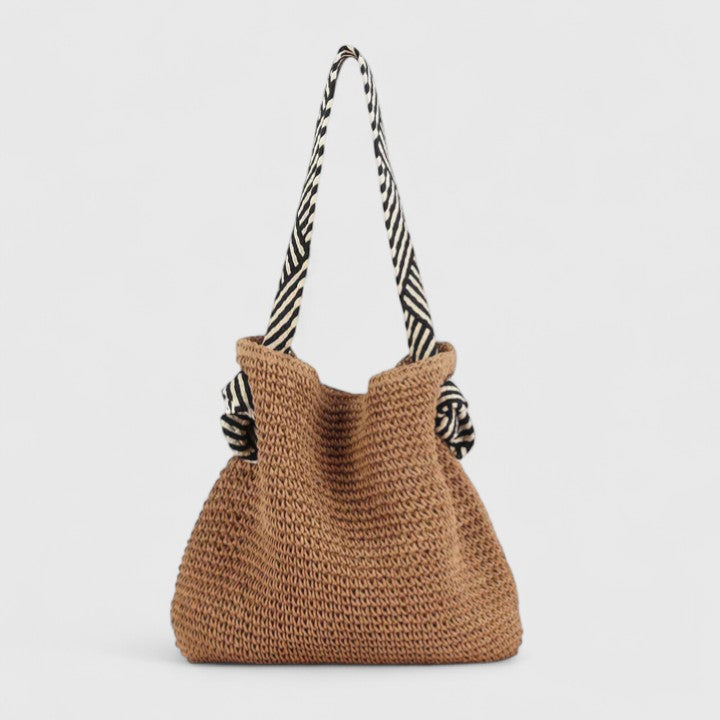 Women's Woven Shoulder Bag with Contrast Straps - Warm Brown