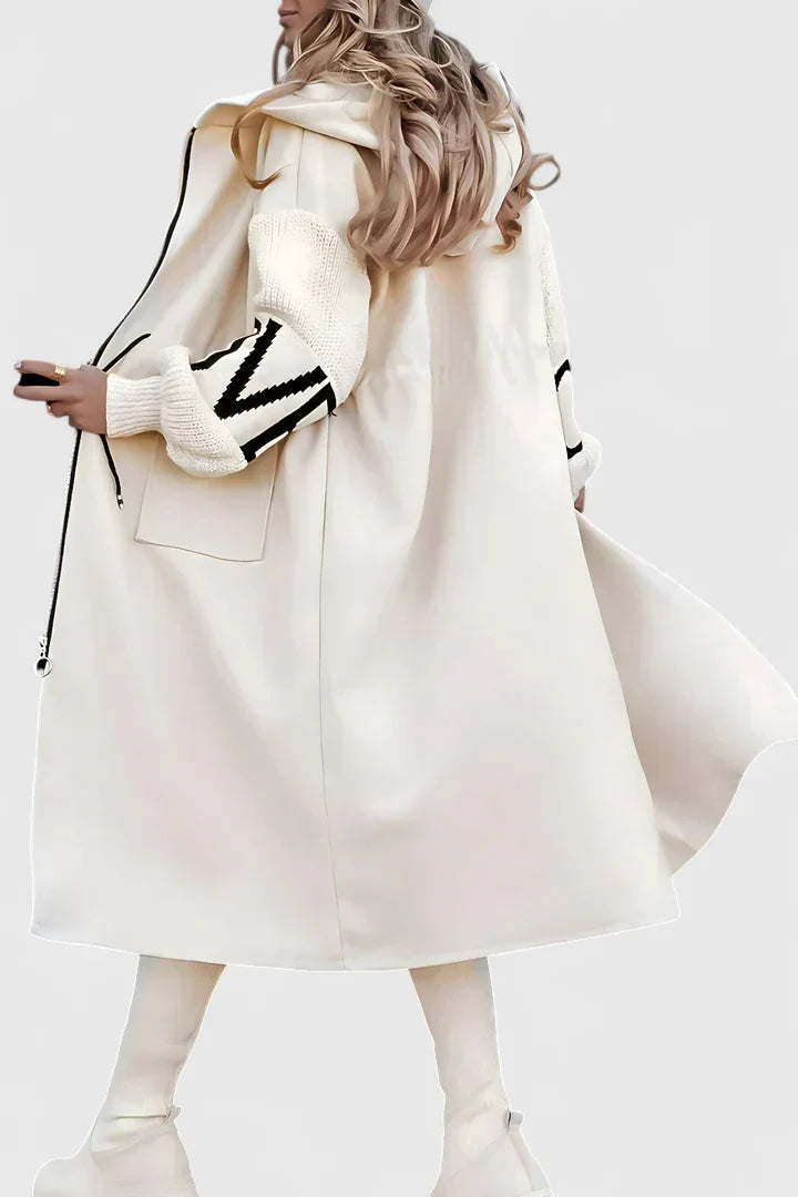 Women's Longline Hooded Coat with Zip Front and Contrast Knit Sleeves - 2
