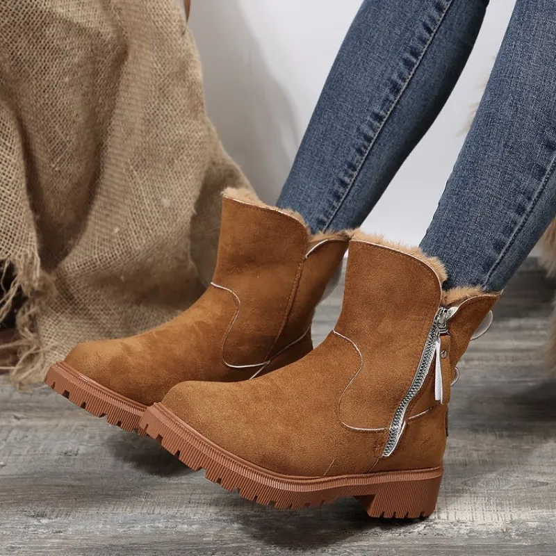 Women's Ankle Boots with Faux Fur Trim and Side Zip - Brown