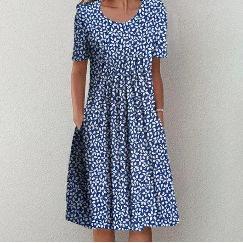 Women's Floral Print Short Sleeve Dress with Round Neck and Pockets - 4