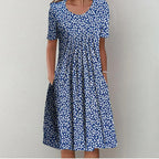 Women's Floral Print Short Sleeve Dress with Round Neck and Pockets - 4
