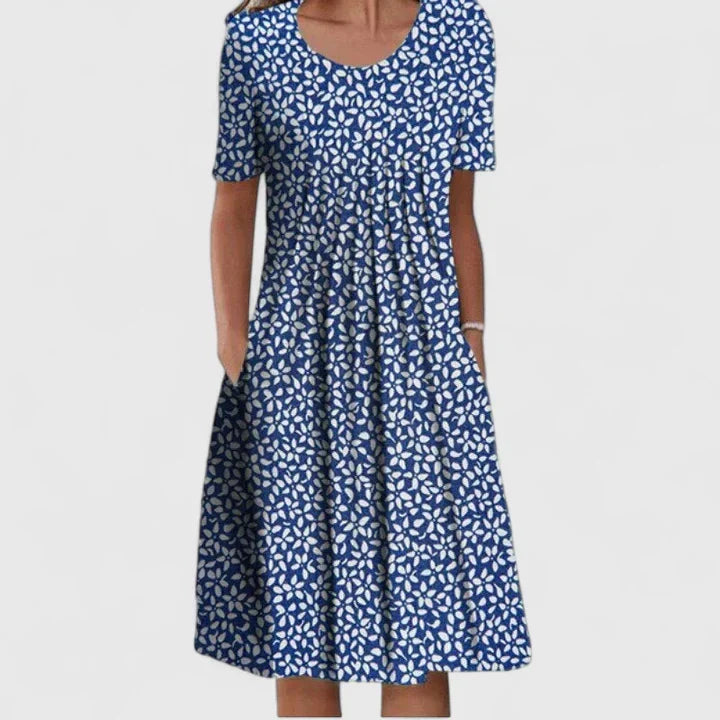 Women's Floral Print Short Sleeve Dress with Round Neck and Pockets - Blue Floral