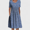 Women's Floral Print Short Sleeve Dress with Round Neck and Pockets - Blue Floral