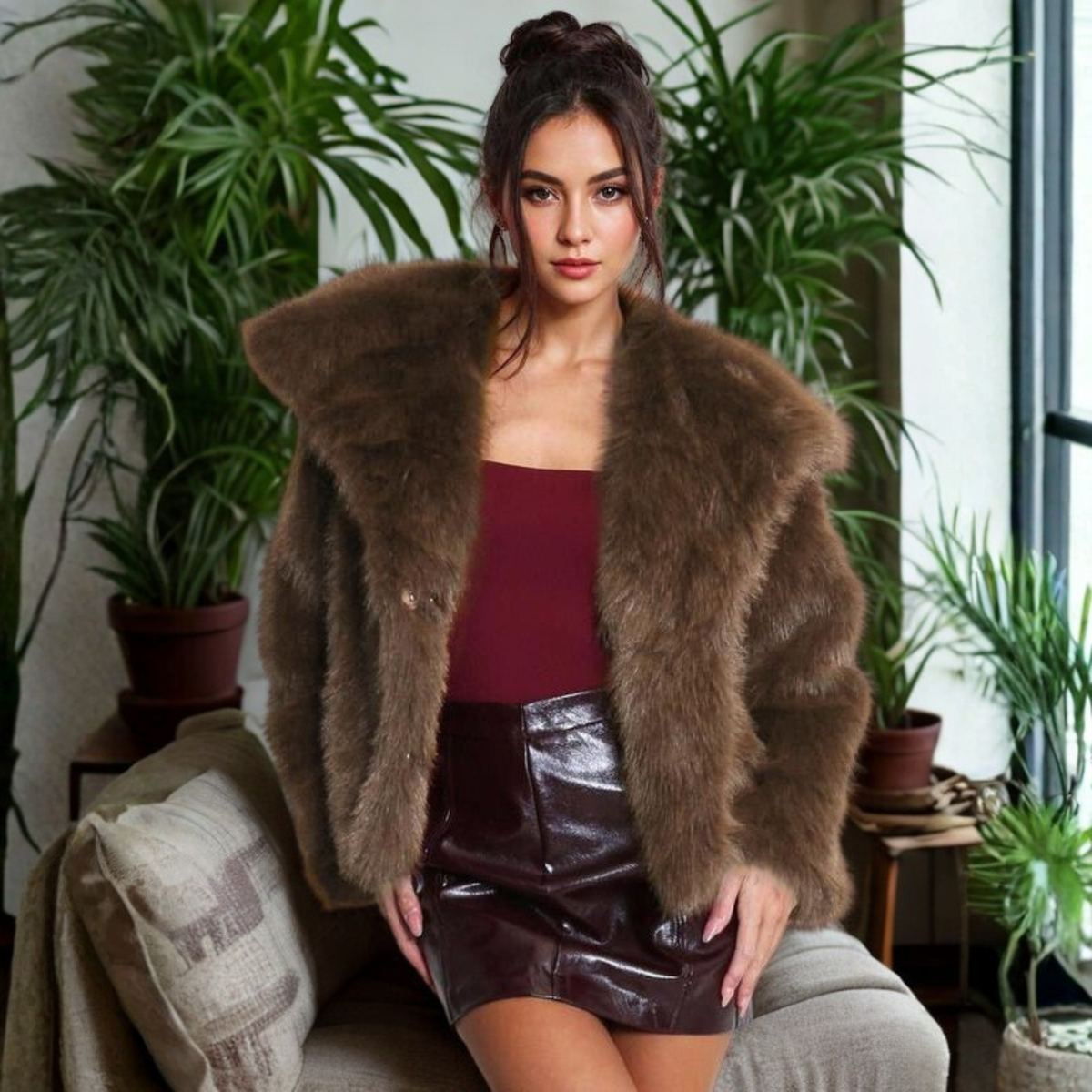 Corrine - Classy Long Sleeve Collared Fuzzy Coat - Brown