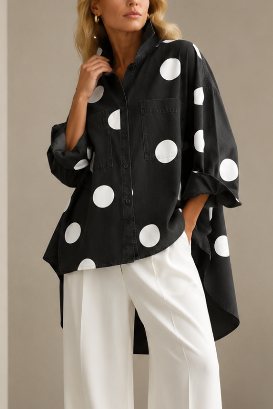 Women's Polka Dot Blouse Oversized with Dramatic Draped Back - 4