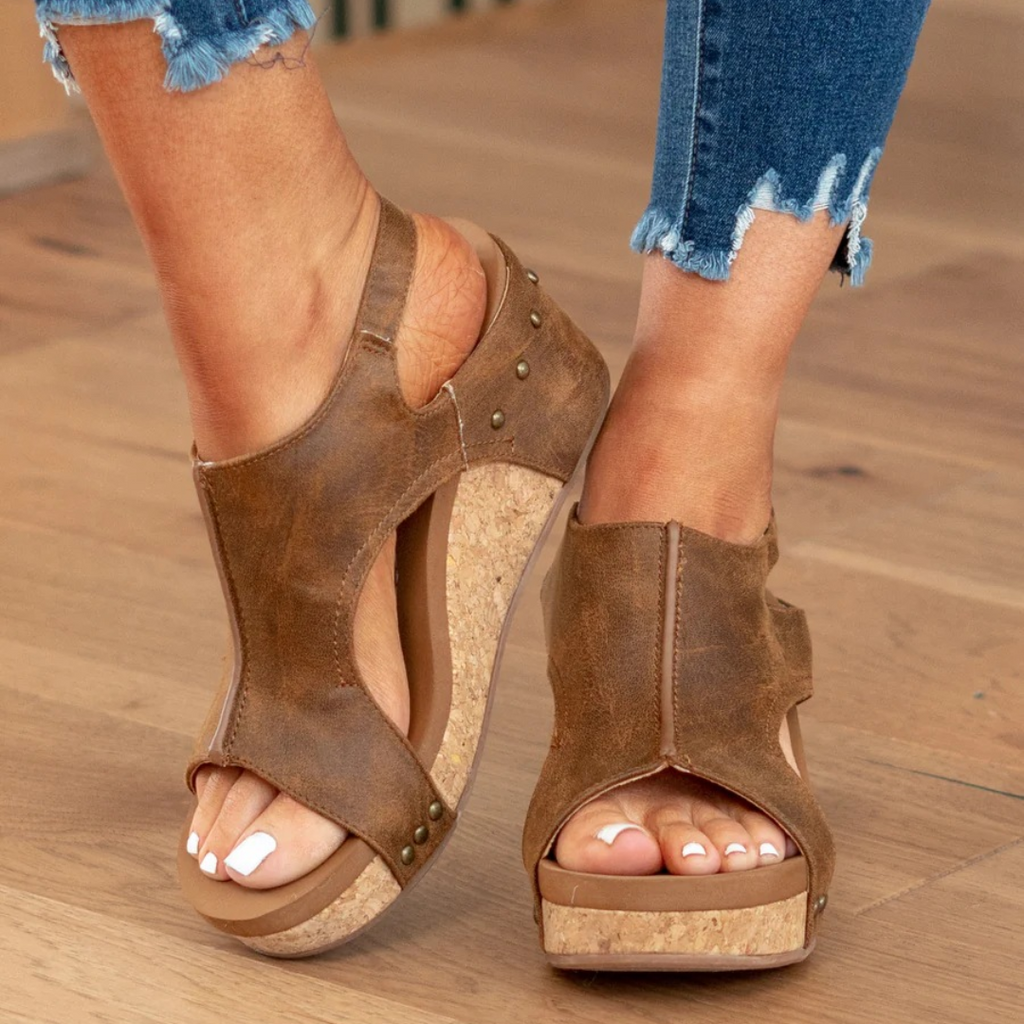Women's Peep-Toe Wedge Sandals with Ankle Strap - 11