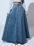 Women's High-Waist A-Line Maxi Skirt with Button Front - Dark Blue